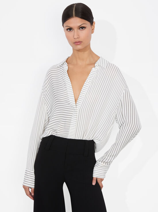PINSTRIPE OFF WHITE/BLACK-DIMITRA OVERSIZED BUTTON DOWN