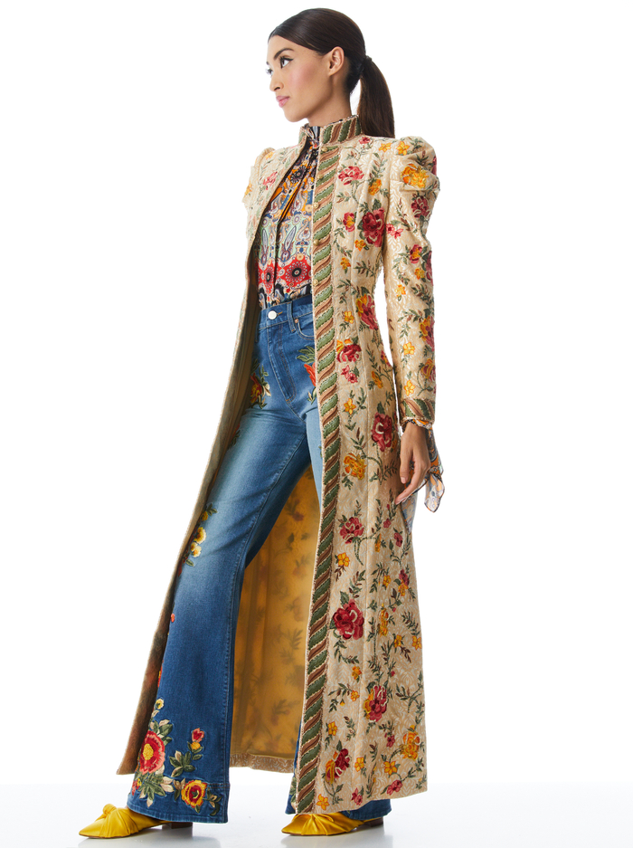 THOMAS PUFF SLEEVE EMBROIDERED MAXI COAT - LIGHT GOLD/MULTI image 2 - Alice And Olivia