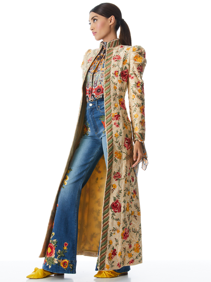 Thomas Puff Sleeve Embroidered Maxi Coat In Light Gold/multi | Alice ...