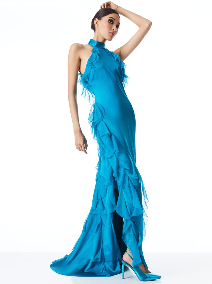 AMARIS RUFFLE HALTER NECK GOWN - TURKISH BLUE image 1 - Alice And Olivia