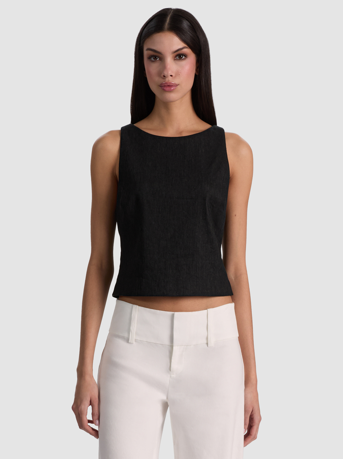 YVETTE LINEN BOAT NECK TANK - BLACK - ALICE + OLIVIA