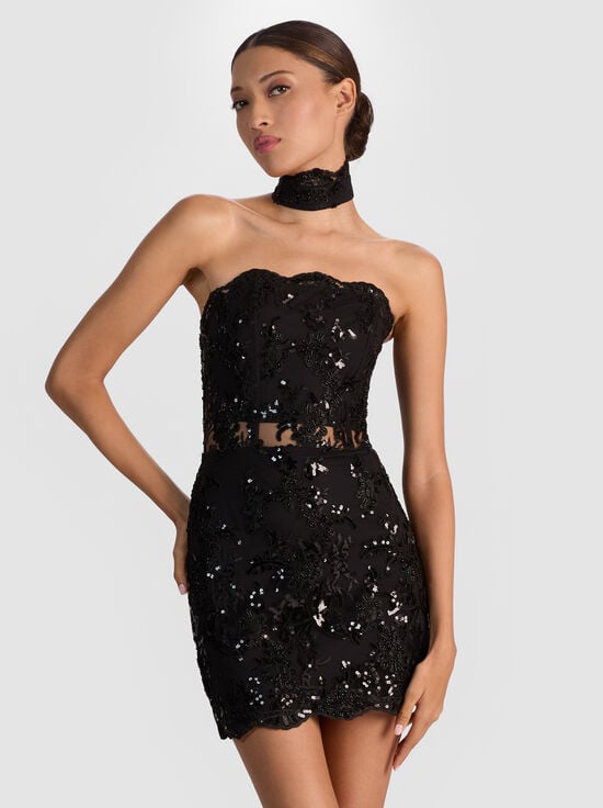 BLACK-GEORGIE EMBELLISHED LACE MINI DRESS