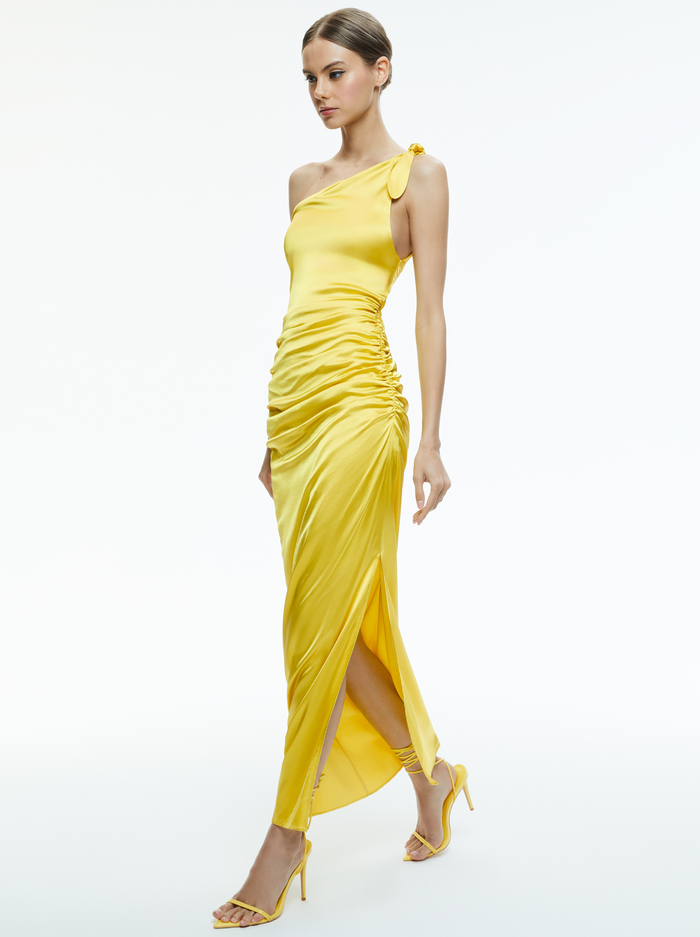 Marilla Off The Shoulder Ruched Maxi Dress In Happy Yellow | Alice + Olivia