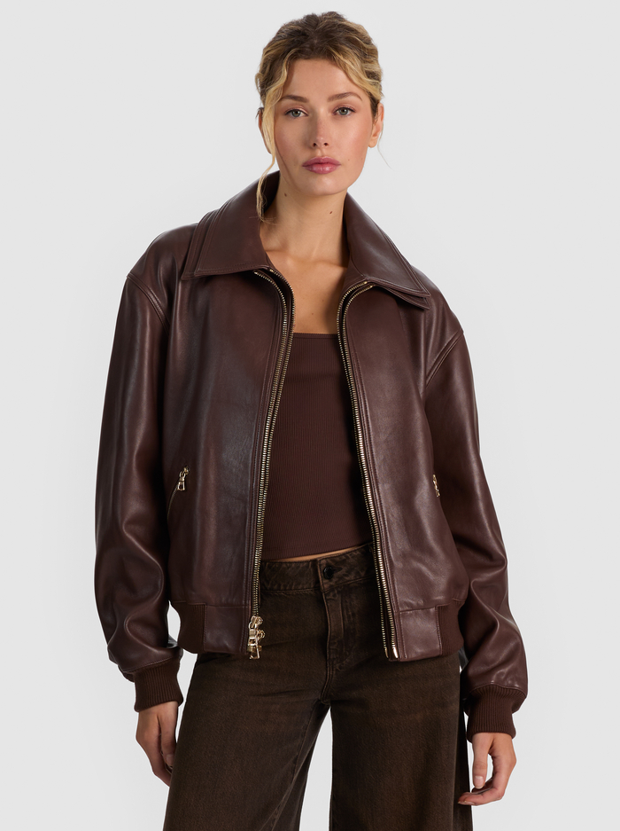 COLLINS DOUBLE LAYER LEATHER JACKET - DARK CHOCOLATE image 1 - ALICE + OLIVIA