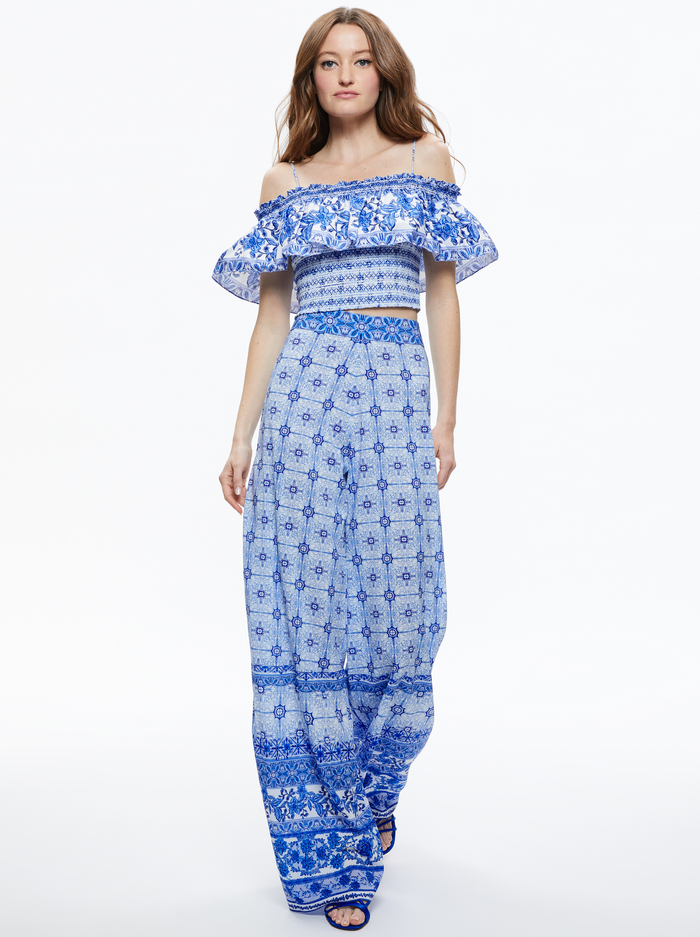 KIA SMOCKED COLD SHOULDER RUFFLE CROP TOP - GREEK TILE image 4 - Alice And Olivia