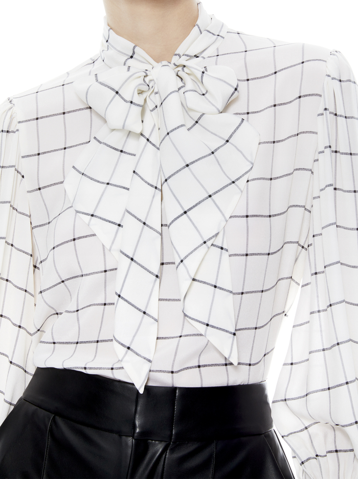 MALLIE TIE NECK BLOUSE - STARDUST WINDOWPANE OFF WHITE image 3 - ALICE + OLIVIA