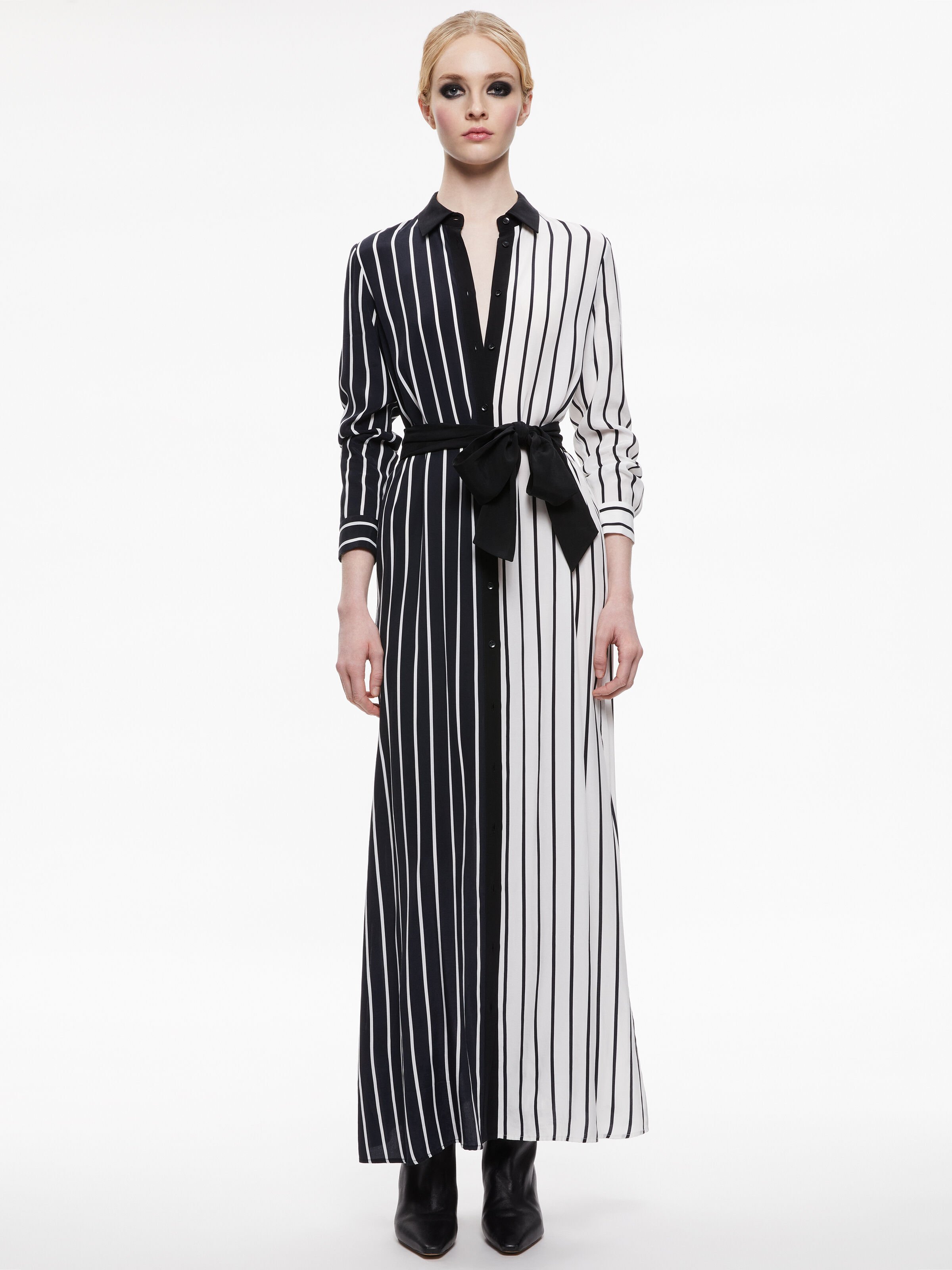 Chassidy Maxi Shirt Dress In Vertical Palazzo Stripe Black Alice Olivia