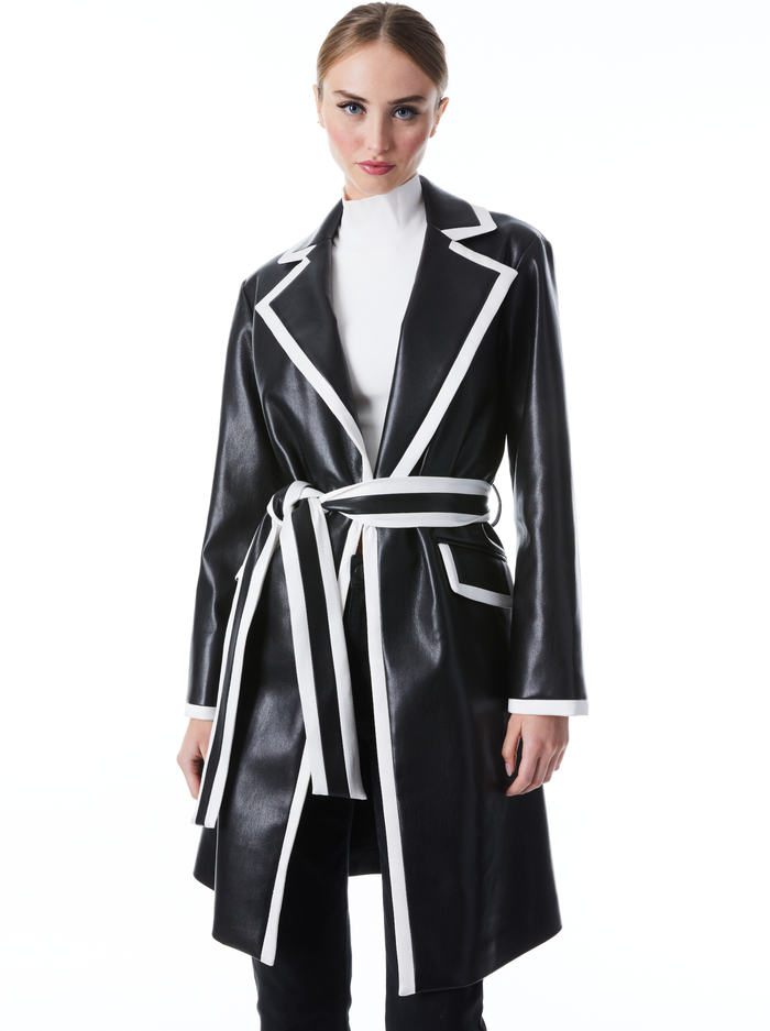 SABRA COMBINATION VEGAN LEATHER TRENCH COAT - BLACK/OFF WHITE - Alice And Olivia