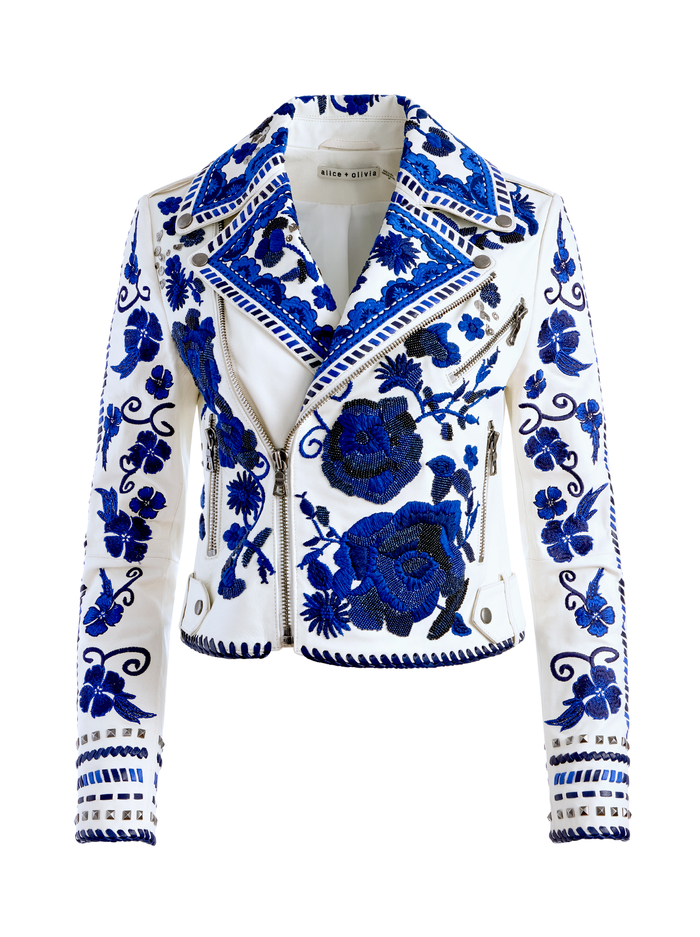 CODY EMBROIDERED LEATHER MOTO JACKET - WHITE/MULTI image 5 - Alice And Olivia
