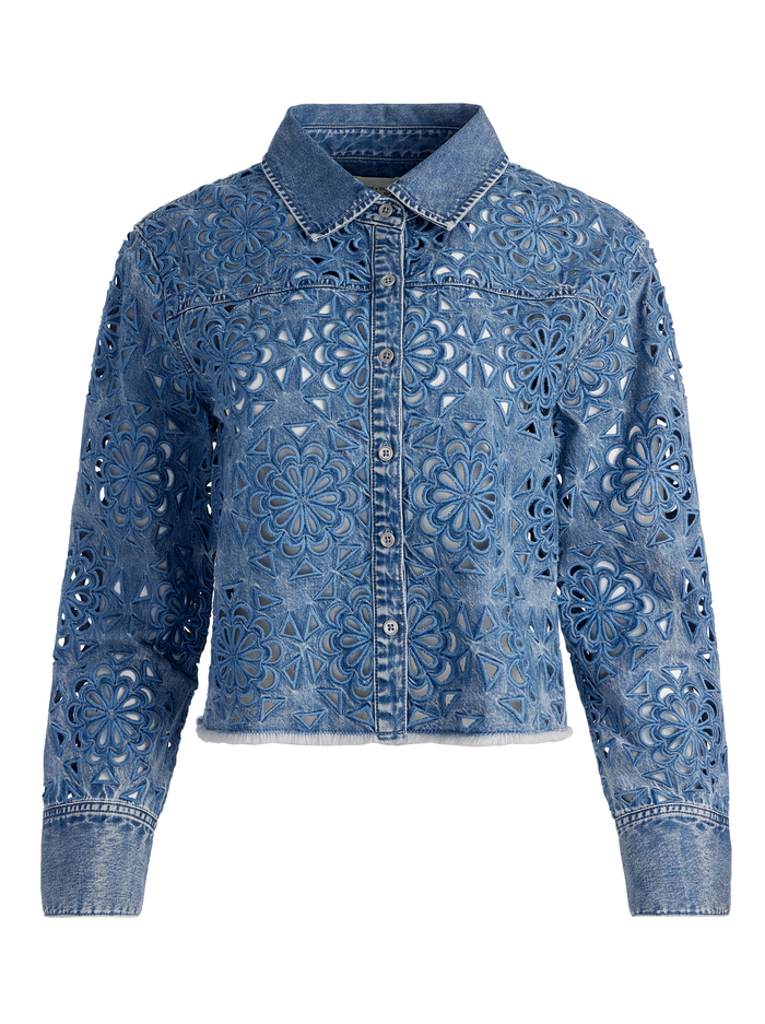FINELY LASERCUT DENIM SHIRT - AVERY BLUE image 5 - Alice And Olivia