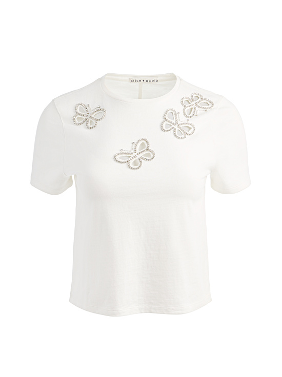 OFF WHITE/SILVER CRYSTAL-CINDY EMBELLISHED CUTOUT TEE