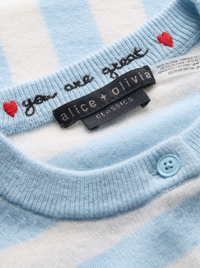 DOLLIE STRIPED CASHMERE CARDIGAN - CAROLINA BLUE/ECRU image 1 - ALICE + OLIVIA
