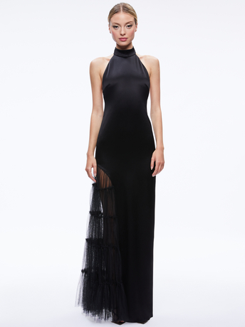 BLACK-RYN SLIT TULLE PANEL MAXI DRESS