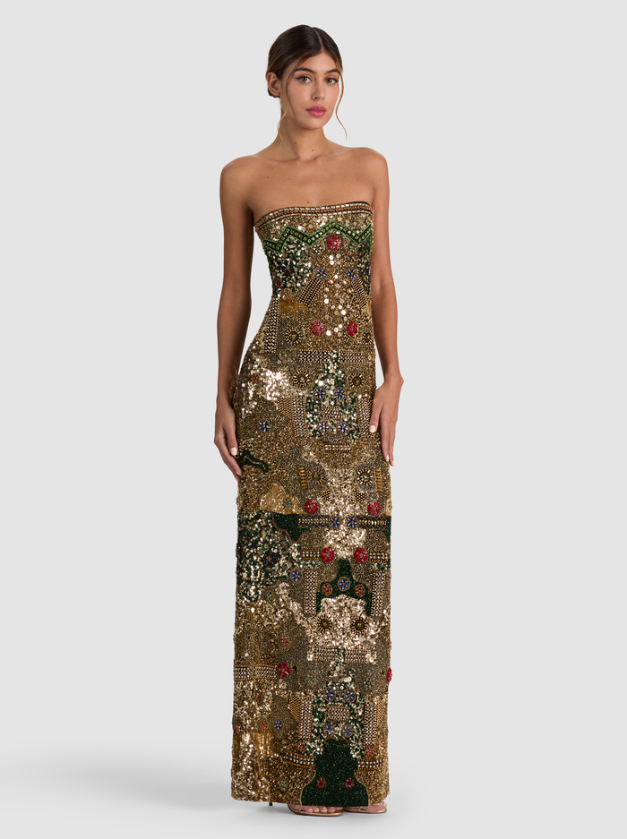 DELORA EMBELLISHED STRAPLESS GOWN - GOLD/MULTI - ALICE + OLIVIA