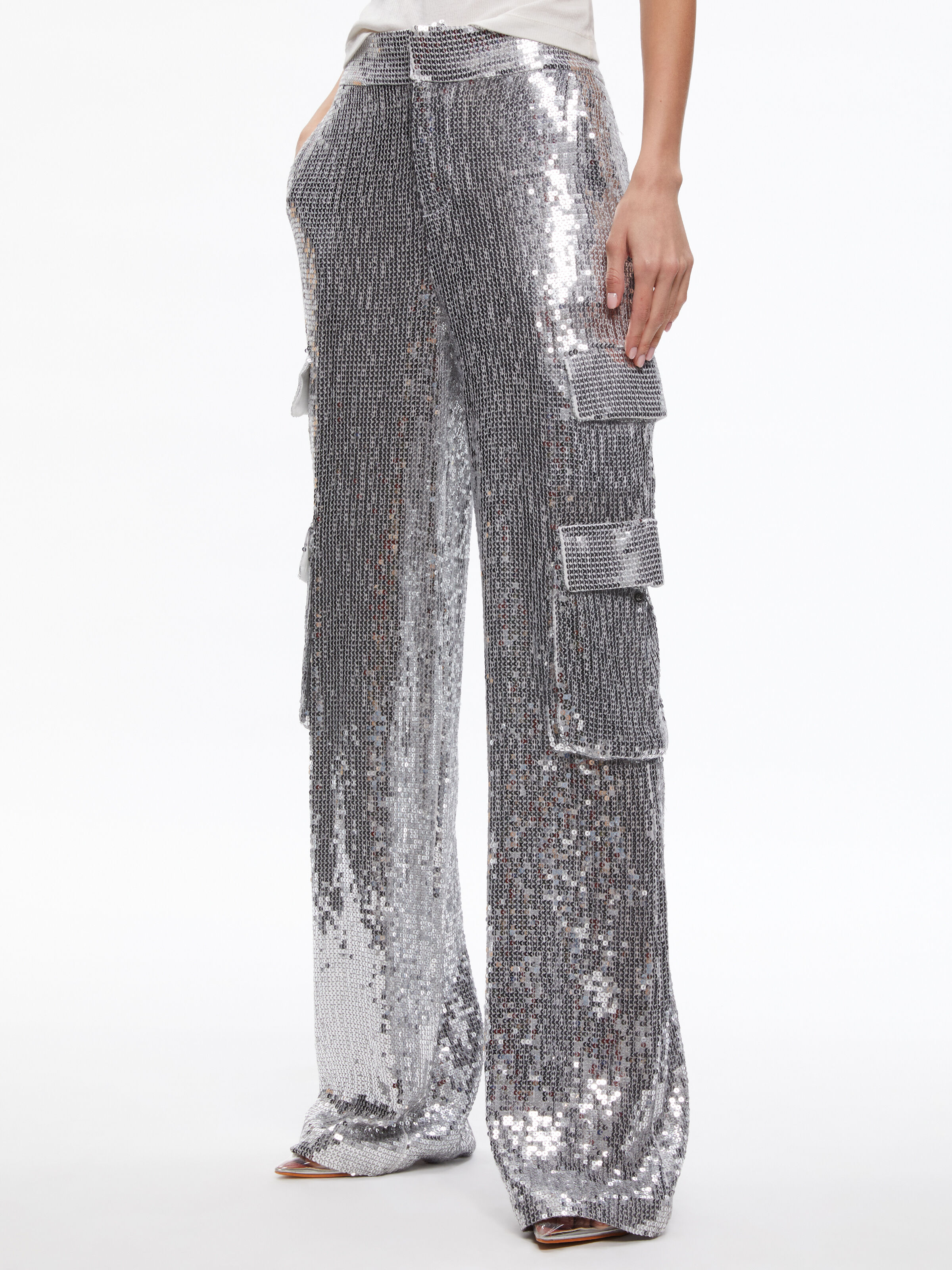 Hayes Sequin Embellished Wide Leg Pant In Silver Alice Olivia