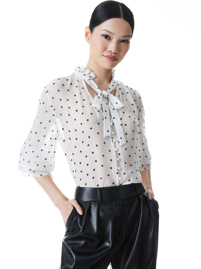 REILLY TIE NECK BLOUSE - CUTIE POLKA DOT ANTIQUE WHITE - Alice And Olivia