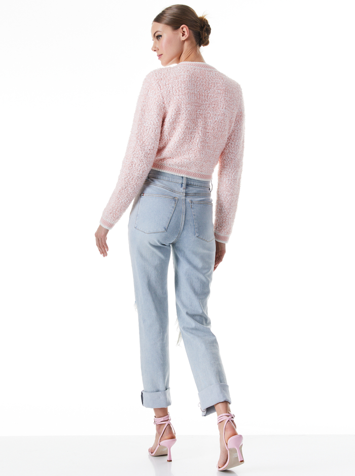 NOELLA CREW NECK CROPPED CARDIGAN - ENGLISH ROSE/SOFT WHITE image 1 - Alice And Olivia