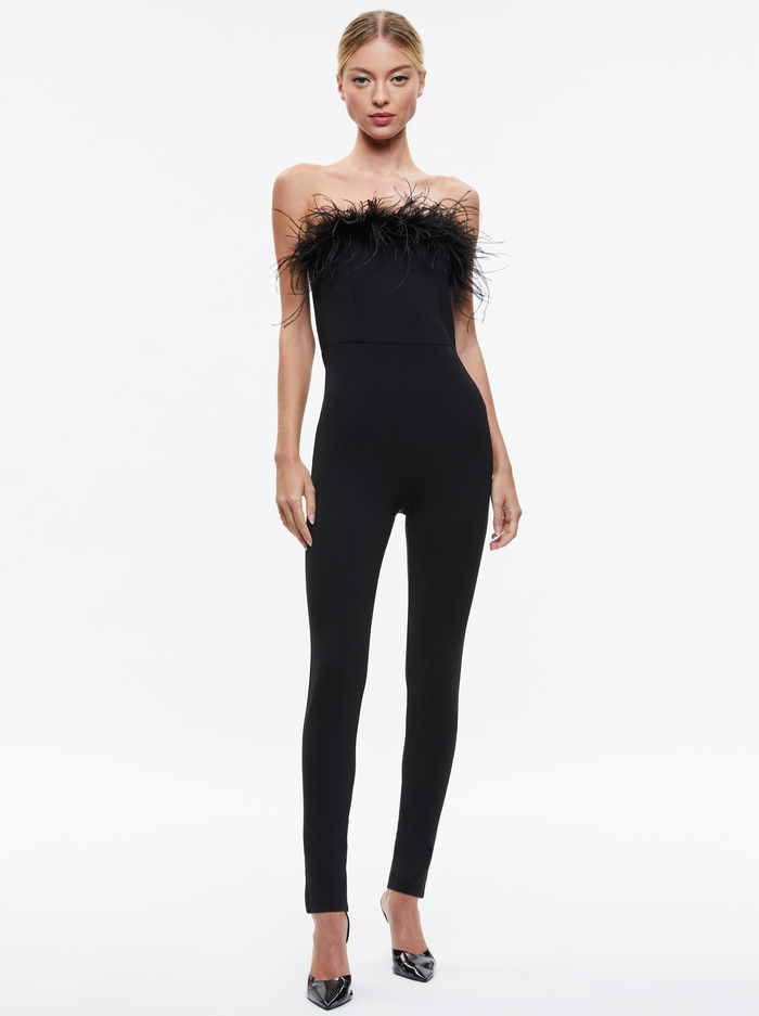 IDELL OFF SHOULDER FEATHER TRIM JUMPSUIT - BLACK image 2 - Alice And Olivia