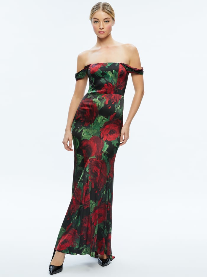 ARZA OFF SHOULDER MAXI DRESS - CLOUD FLORAL BORDEAUX LG image 4 - Alice And Olivia