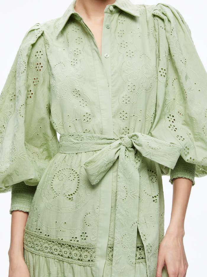 LILLY COLLARED EYELET MIDI DRESS - GREEN TEA image 3 - Alice And Olivia