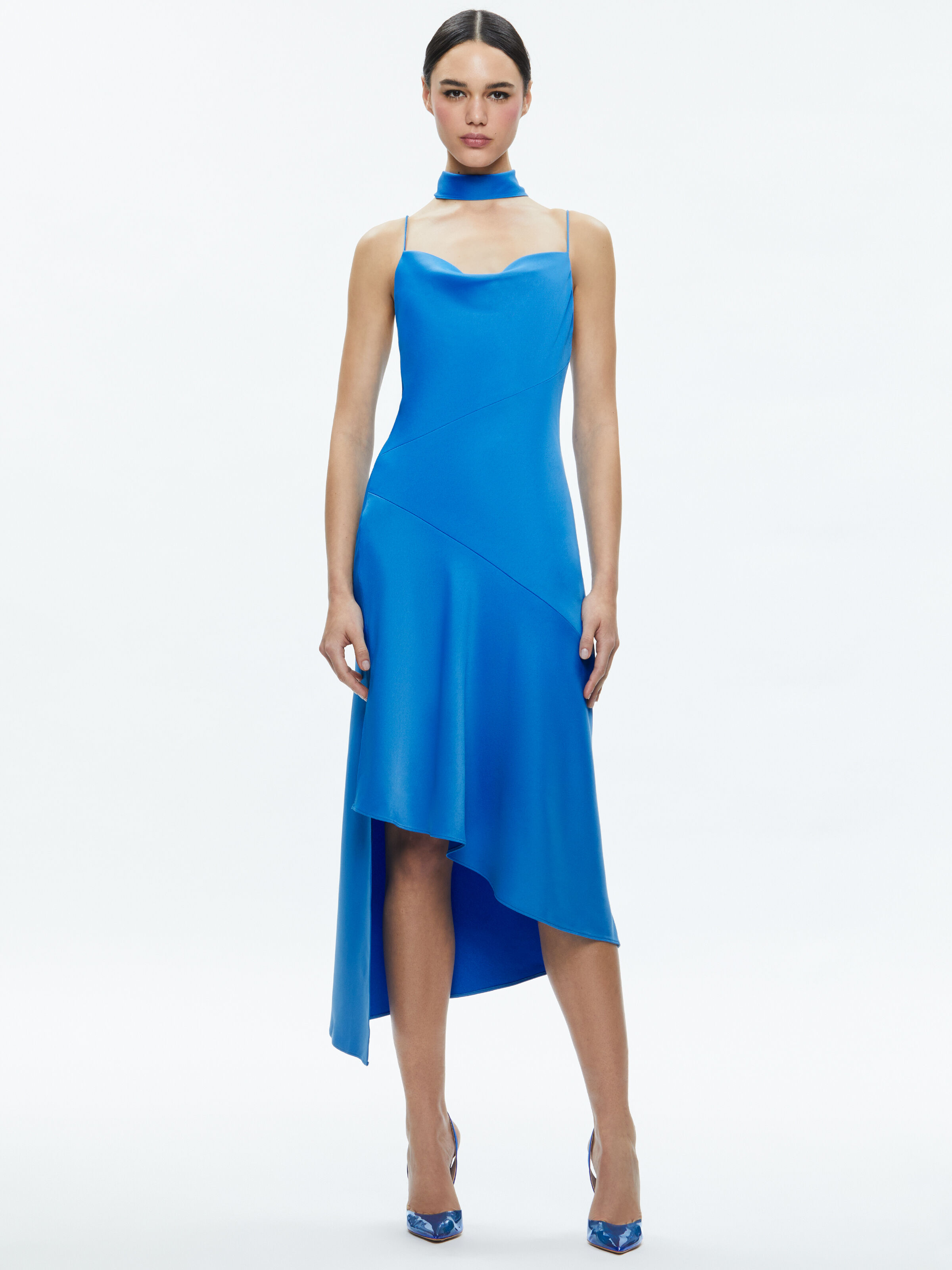 Harmony Asymmetrical Slip Scarf Dress In French Blue Alice Olivia