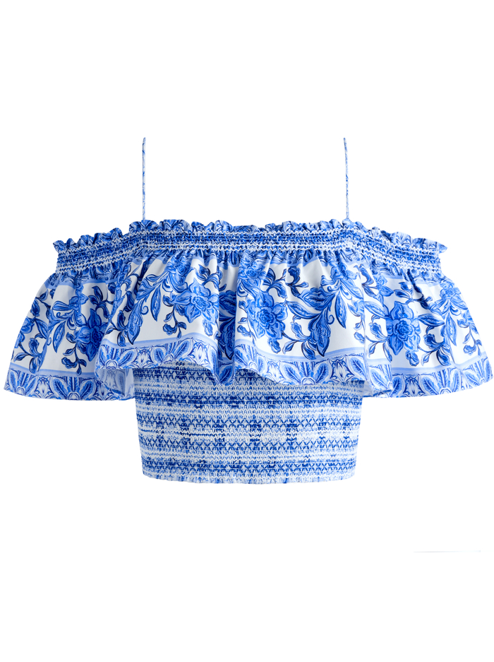KIA SMOCKED COLD SHOULDER RUFFLE CROP TOP - GREEK TILE image 5 - Alice And Olivia