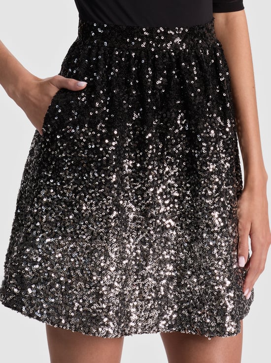 BLACK/MULTI-CHARA EMBELLISHED MINI DRESS