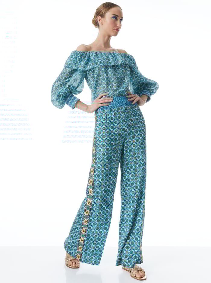 RUSSELL HIGH WAISTED SMOCKED WAISTBAND PANT - WASHED GEO image 4 - Alice And Olivia