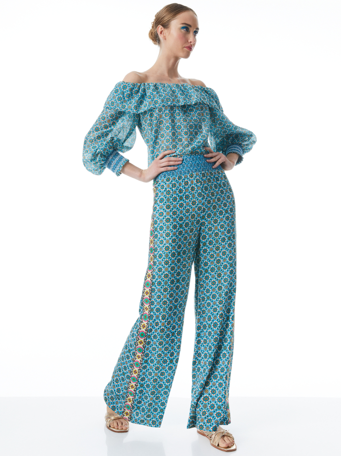 ALTA OFF THE SHOULDER RUFFLE BLOUSE + RUSSELL HIGH WAISTED SMOCKED WAISTBAND PANT -