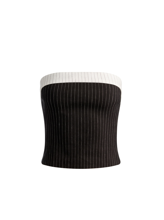 BLACK/OFF WHITE PINSTRIPE-KELLY LINEN STRAPLESS TOP