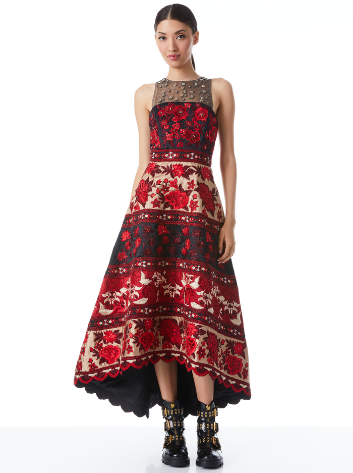 SARAI EMBELLISHED HIGH LOW GOWN - BLACK/MULTI - Alice And Olivia