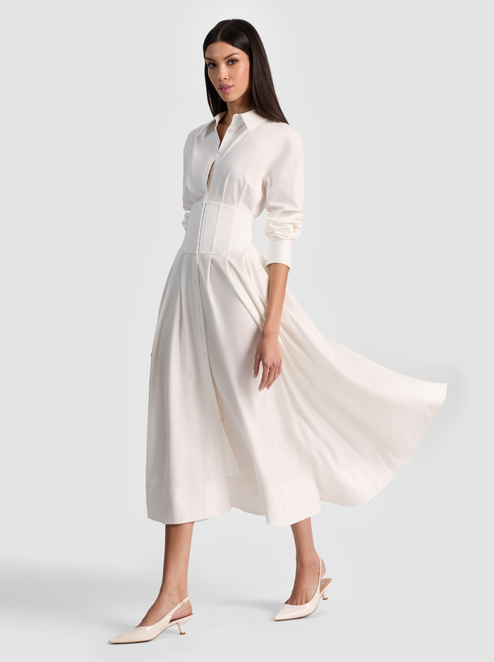 EDIE CORSET BUTTON DOWN MIDI DRESS - OFF WHITE - ALICE + OLIVIA