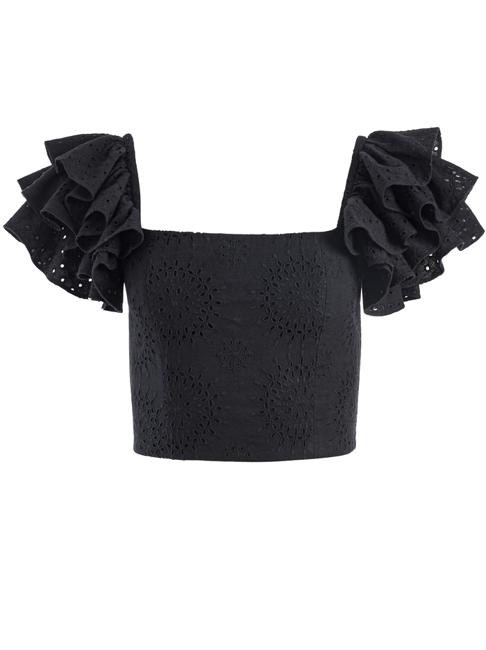TAWNY EYELET SQUARE NECK RUFFLE CROP TOP - BLACK image 5 - Alice And Olivia