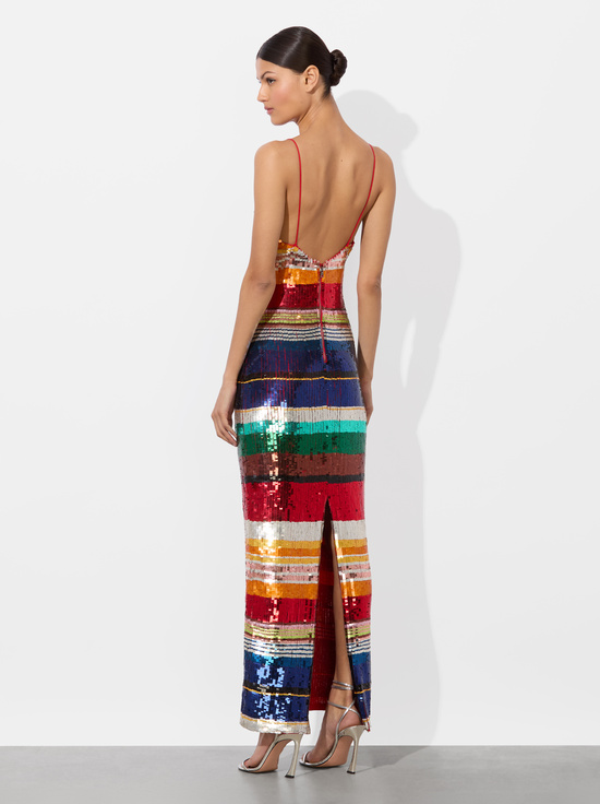 RAINBOW STRIPE-ARTEA EMBELLISHED MAXI DRESS