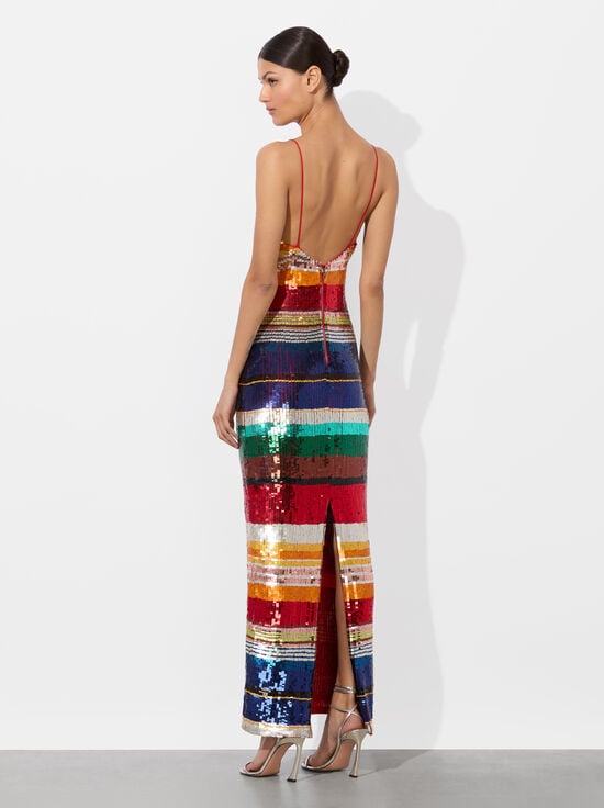 RAINBOW STRIPE-ARTEA EMBELLISHED MAXI DRESS
