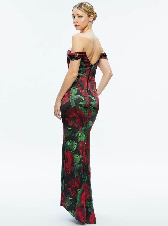 ARZA OFF SHOULDER MAXI DRESS - CLOUD FLORAL BORDEAUX LG image 1 - Alice And Olivia