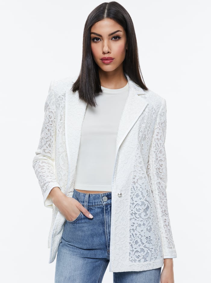JUDITH SHEER LACE SHAWL COLLAR BLAZER - OFF WHITE - Alice And Olivia