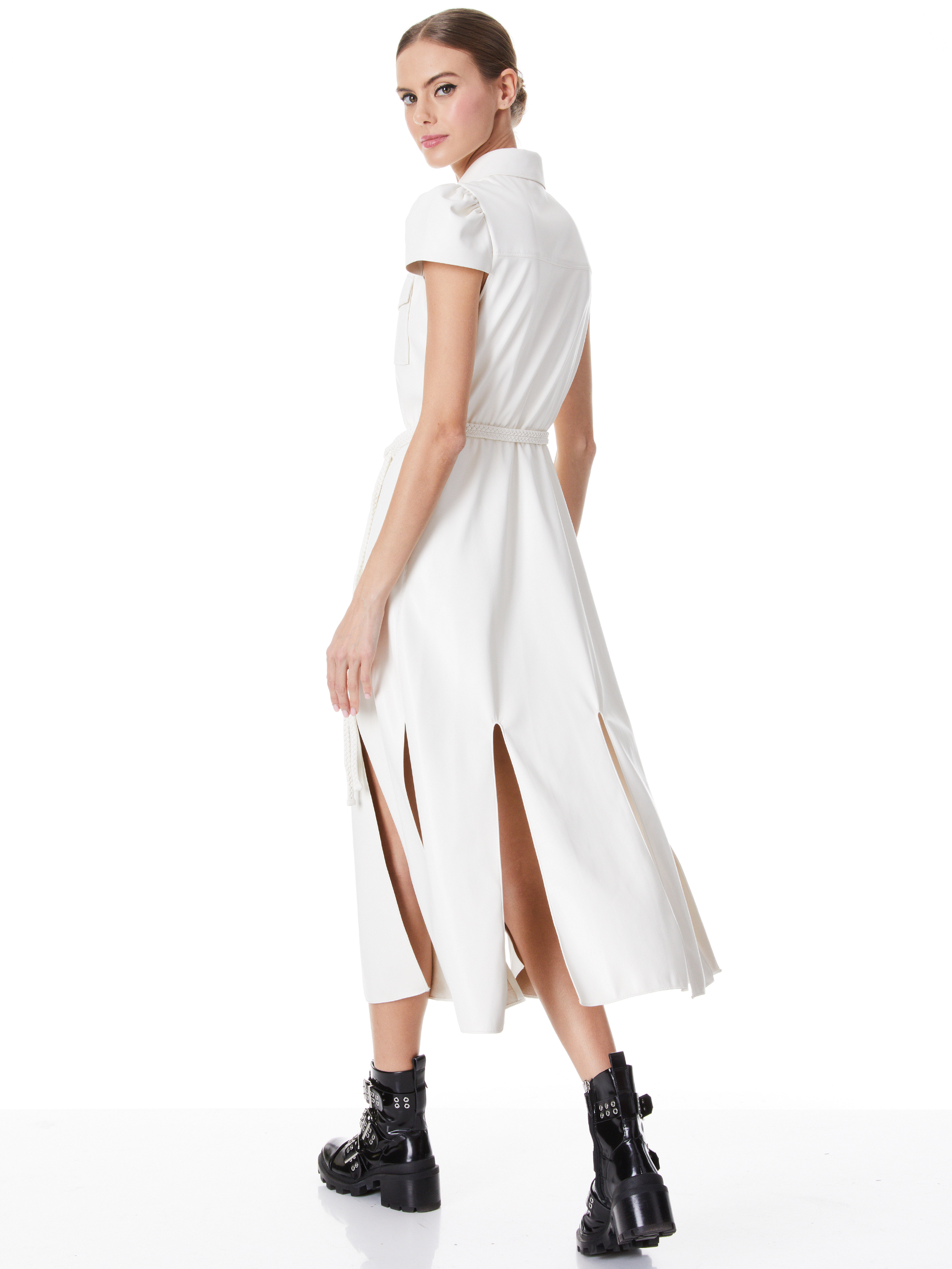 Miranda Short Sleeve Vegan Leather Midi Dress In Ecru Alice + Olivia