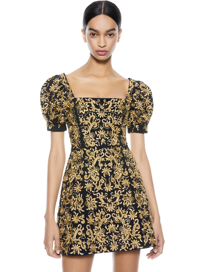 KRISTIAN EMBROIDERED MINI DRESS - BLACK/GOLD image 3 - ALICE + OLIVIA