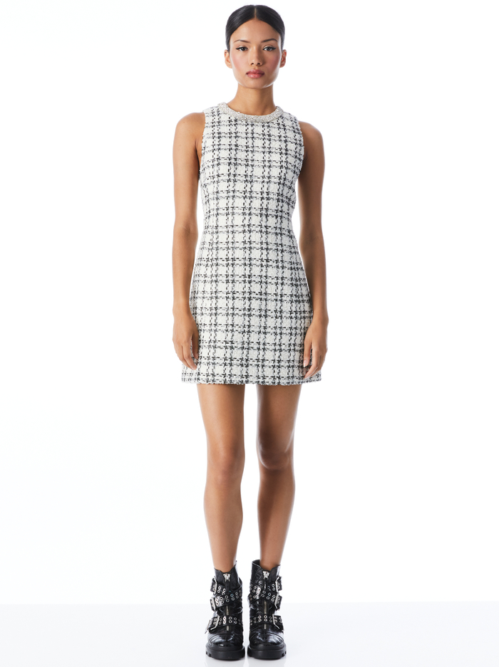 CLYDE EMBELLISHED SHIFT DRESS - OFF WHITE/BLACK - Alice And Olivia