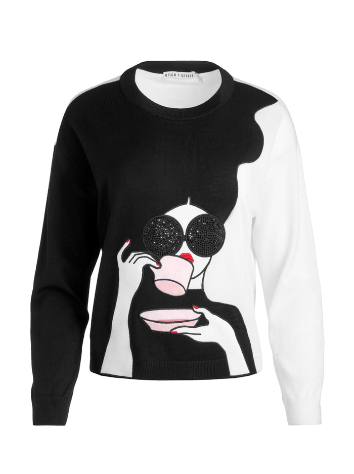 STACEFACE PULLOVER - BLACK/SOFT WHITE MULTI image 5 - Alice And Olivia
