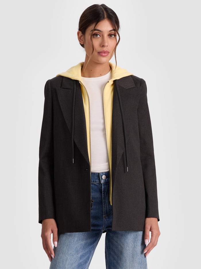 JORDAN BLAZER WITH REMOVABLE HOODIE - CHARCOAL/BUTTER - ALICE + OLIVIA