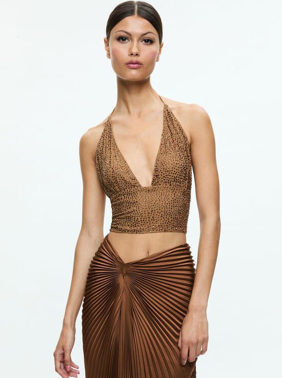 TAN/CRYSTAL-HANNAH EMBELLISHED TOP