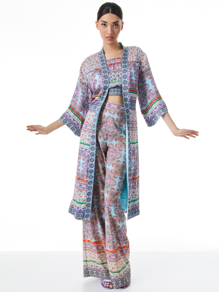 FLORA DRAPEY KIMONO + ELMA HIGH WAISTED WIDE LEG PANT + LOIS CROPPED SMOCKED TOP - 