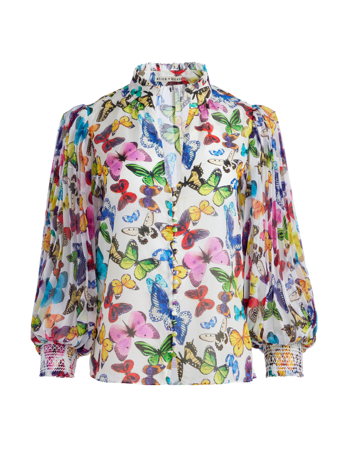 ILAN SMOCKED SLEEVE BUTTON FRONT BLOUSE - BUTTERFLY HIGH OFF WHITE image 4 - Alice And Olivia