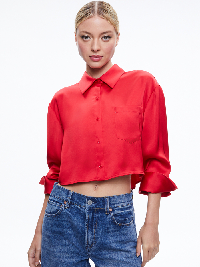 FINELY CROPPED OVERSIZED BUTTON DOWN SHIRT - PERFECT RUBY - Alice And Olivia