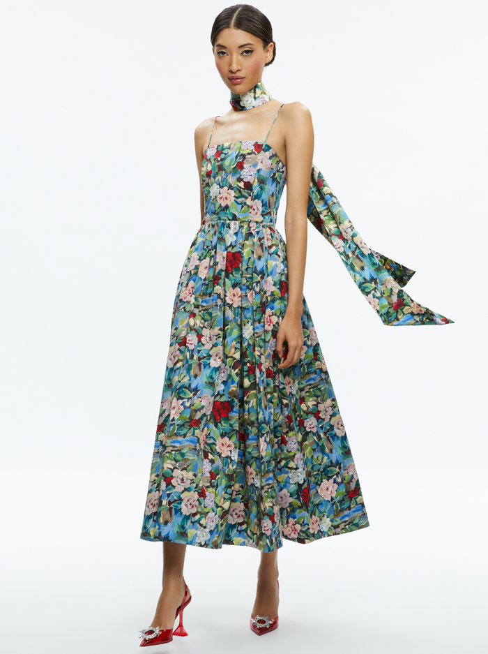 GLYNIS SPAGHETTI STRAP SCARF MIDI DRESS - BREEZE FLORAL - Alice And Olivia