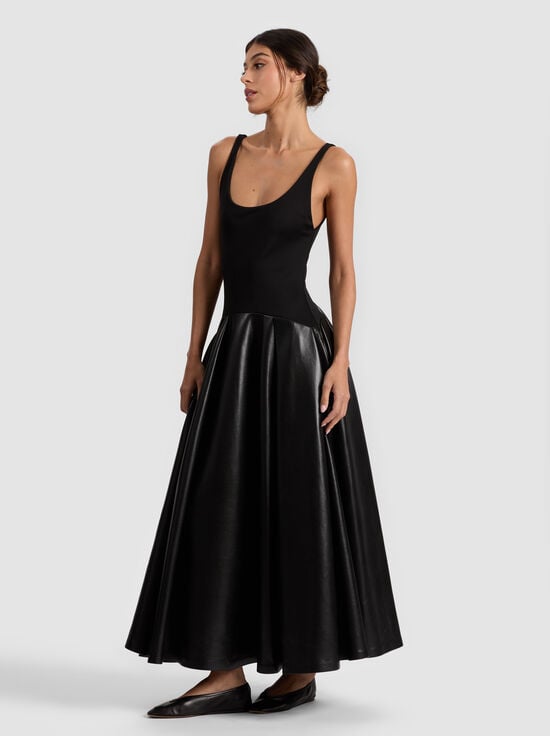 BLACK-ADLEY DROP WAIST VEGAN DRESS