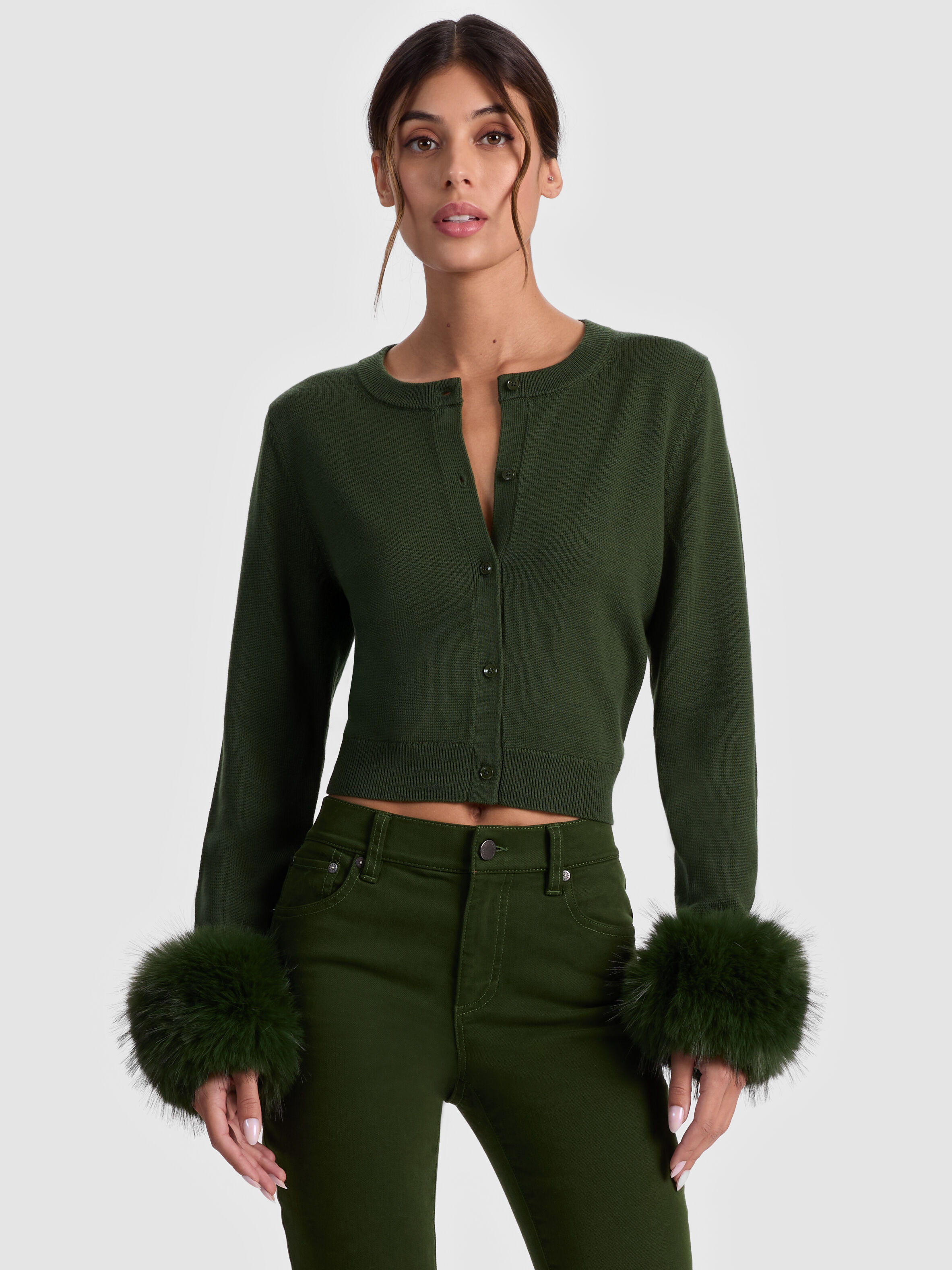 DOLLIE FAUX FUR CUFF CARDIGAN in DARK OLIVE | ALICE + OLIVIA