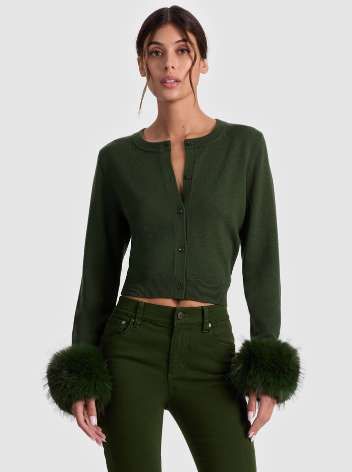 DOLLIE FAUX FUR CUFF CARDIGAN - DARK OLIVE - Alice And Olivia